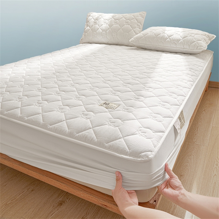 91家纺网 家纺一手货源 找家纺 西域种棉人·千百笠 2025新款A类抗菌里外全棉100%新疆棉花填充夹棉床笠母婴级床笠单件纯色床罩保护罩套全包围 夏洛床笠-白