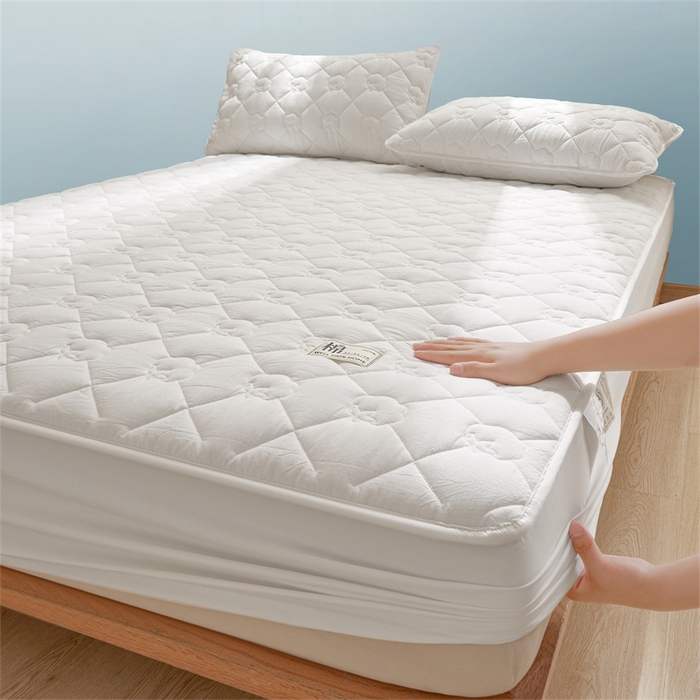 91家纺网 家纺一手货源 找家纺 西域种棉人·千百笠 2025新款A类抗菌里外全棉100%新疆棉花填充夹棉床笠母婴级床笠单件纯色床罩保护罩套全包围 夏洛床笠-白