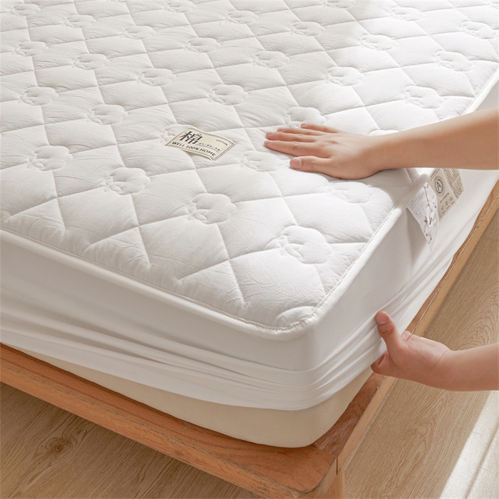 91家纺网 家纺一手货源 找家纺 西域种棉人·千百笠 2025新款A类抗菌里外全棉100%新疆棉花填充夹棉床笠母婴级床笠单件纯色床罩保护罩套全包围 夏洛床笠-白