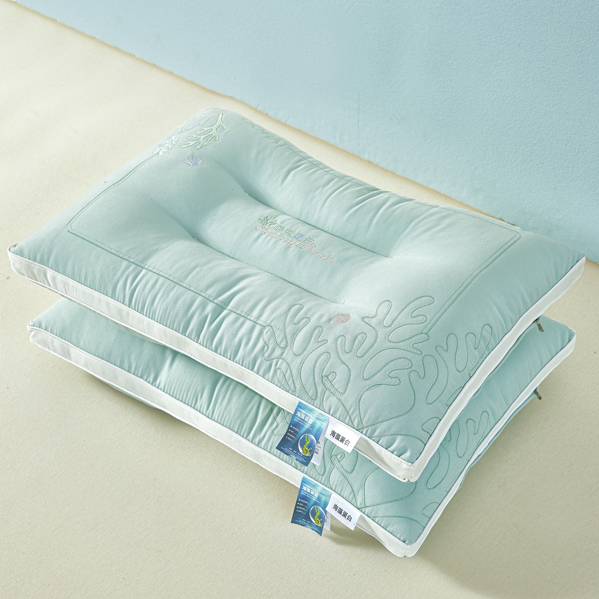 91家纺网 家纺一手货源 找家纺 橘夏家纺 2025新款刺绣款超柔软枕头枕芯家用单个成人护颈椎助深度睡眠枕头枕芯 薄荷绿 48x74cm/对