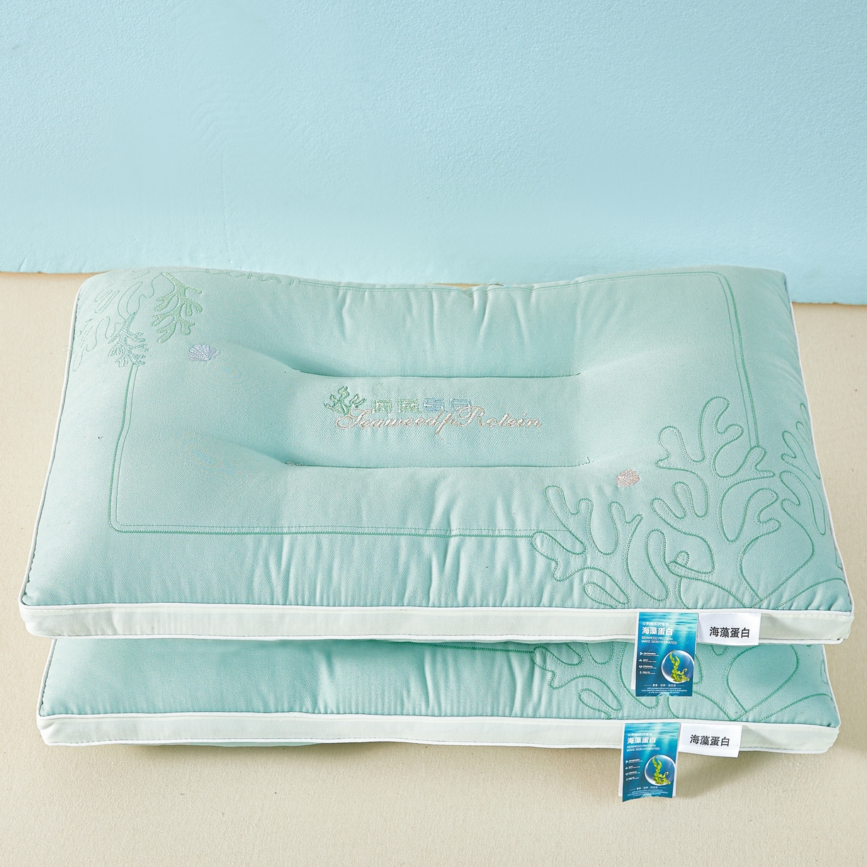 91家纺网 家纺一手货源 找家纺 橘夏家纺 2025新款刺绣款超柔软枕头枕芯家用单个成人护颈椎助深度睡眠枕头枕芯 薄荷绿 48x74cm/对