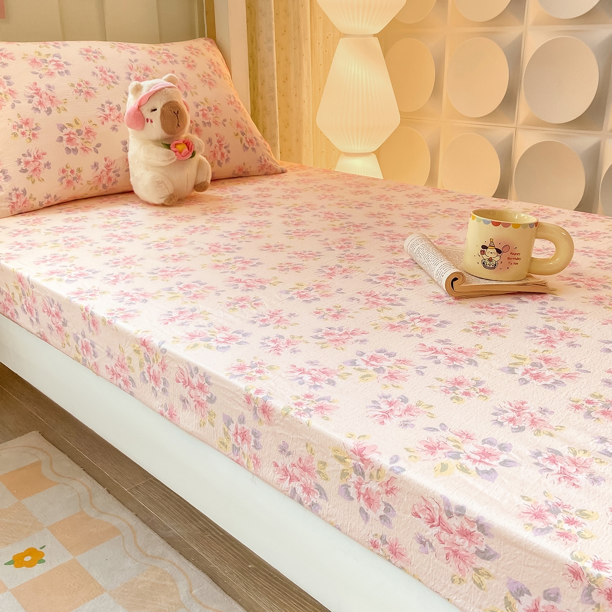 91家纺网 家纺一手货源 找家纺 眠势力 2025新款双层纱学生三件套宿舍上下铺套件ins奶油风云感四件套 粉调花海