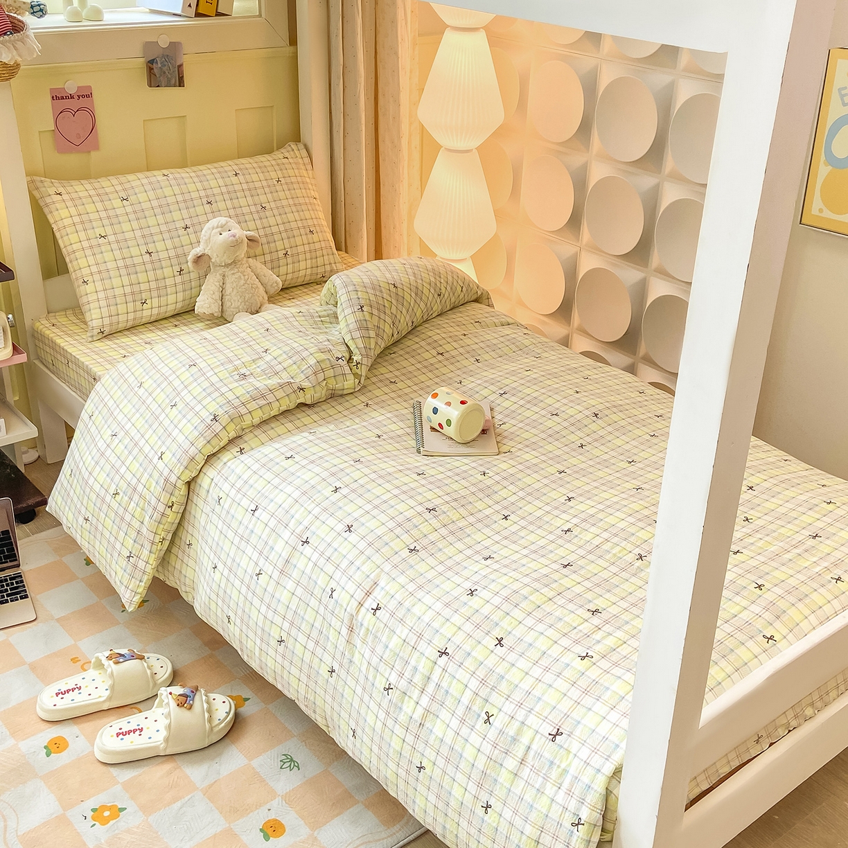 91家纺网 家纺一手货源 找家纺 眠势力 2025新款双层纱学生三件套宿舍上下铺套件ins奶油风云感四件套 格调蝴蝶结