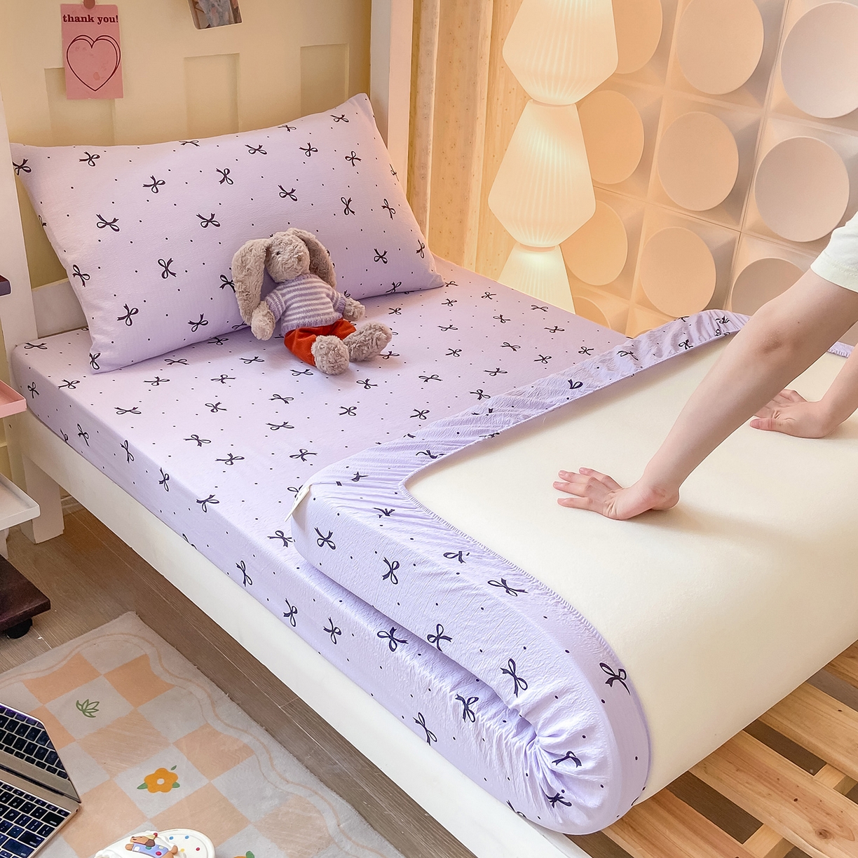 91家纺网 家纺一手货源 找家纺 眠势力 2025新款双层纱学生三件套宿舍上下铺套件ins奶油风云感四件套 紫韵蝴蝶结