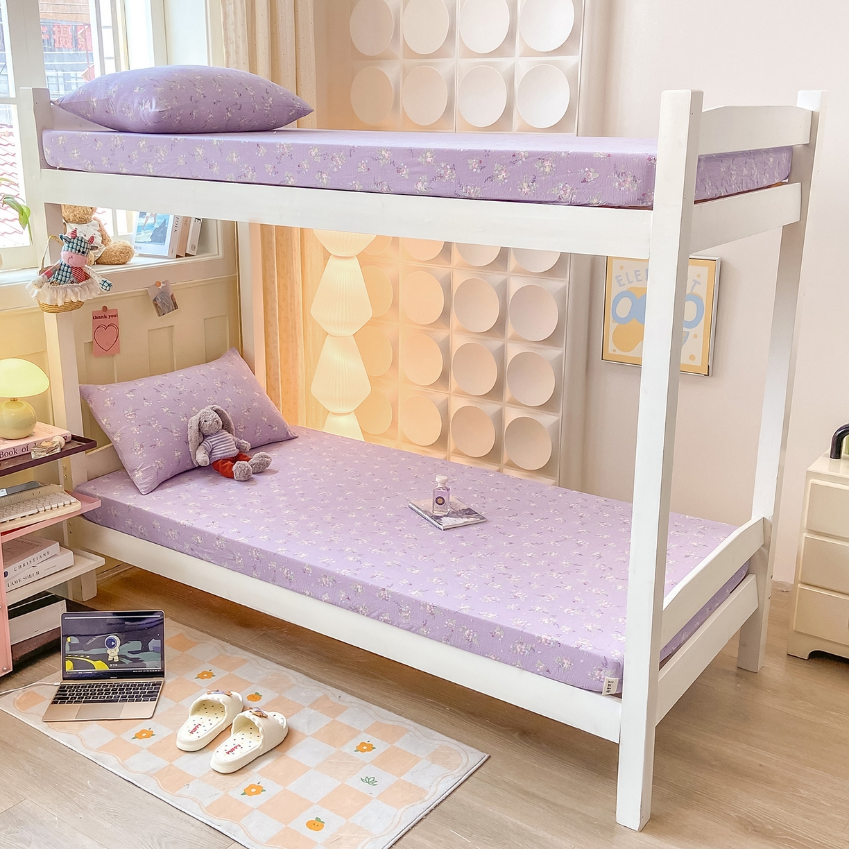 91家纺网 家纺一手货源 找家纺 眠势力 2025新款双层纱学生三件套宿舍上下铺套件ins奶油风云感四件套 紫色花海