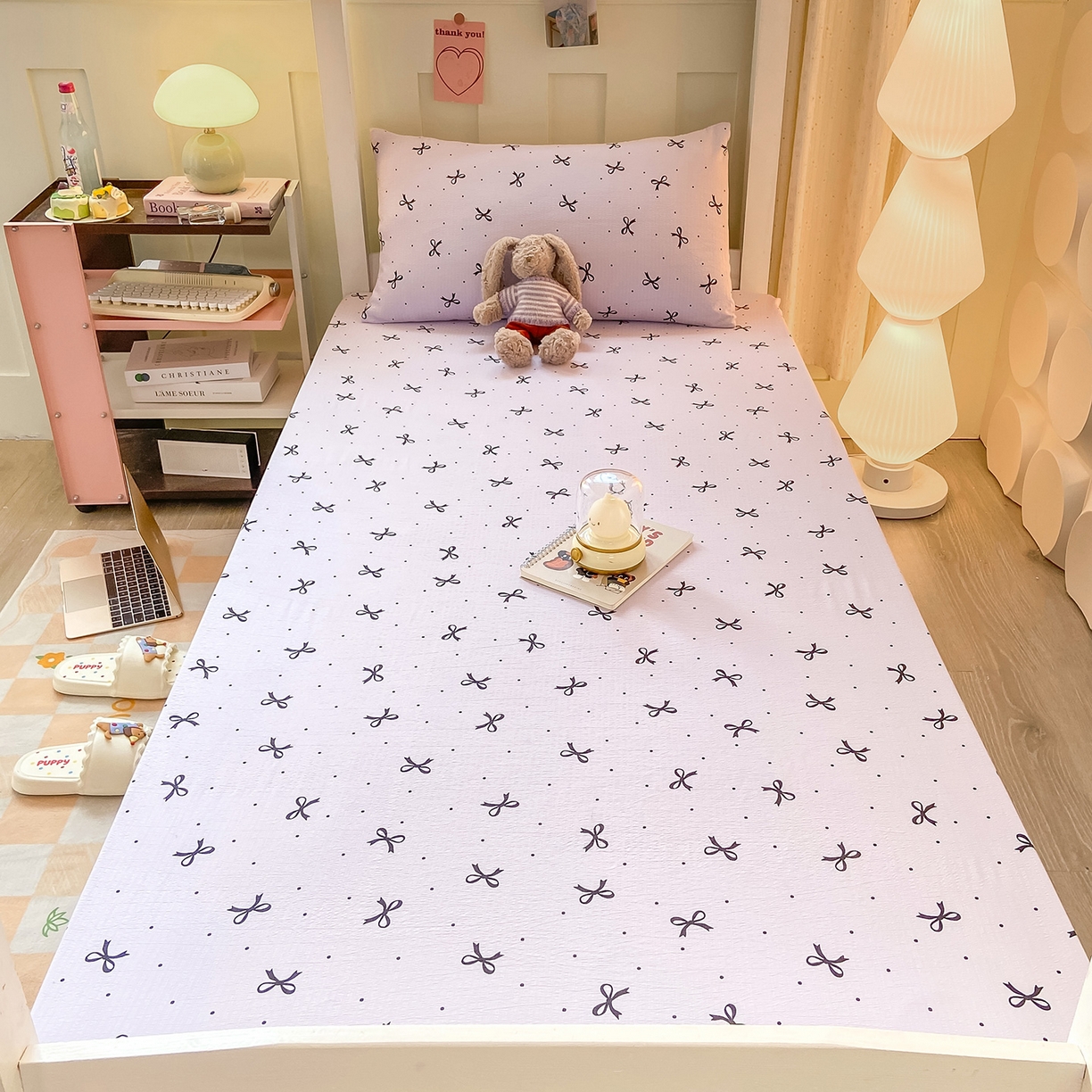 91家纺网 家纺一手货源 找家纺 眠势力 2025新款双层纱学生三件套宿舍上下铺套件ins奶油风云感四件套 紫韵蝴蝶结