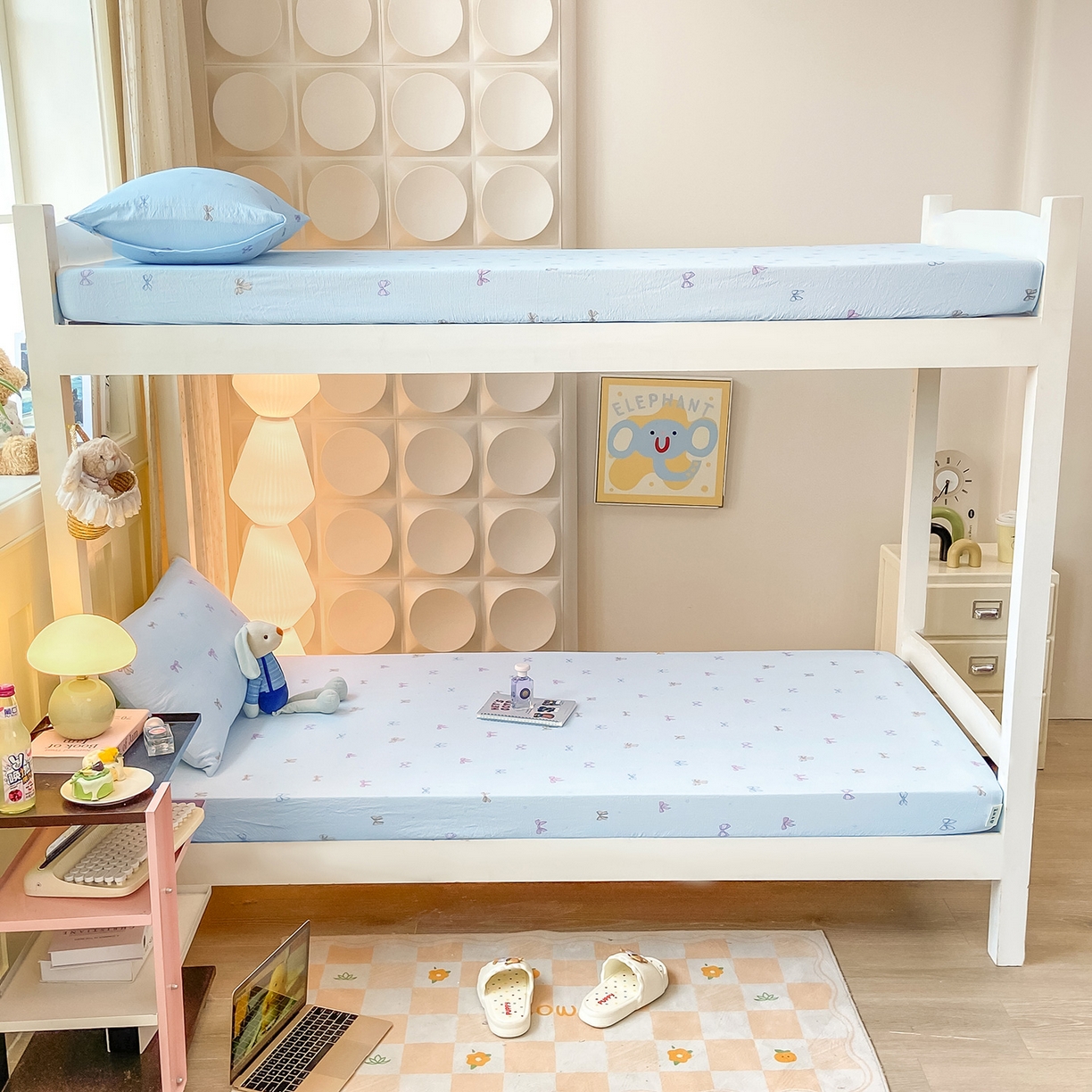 91家纺网 家纺一手货源 找家纺 眠势力 2025新款双层纱学生三件套宿舍上下铺套件ins奶油风云感四件套 蓝调蝴蝶结