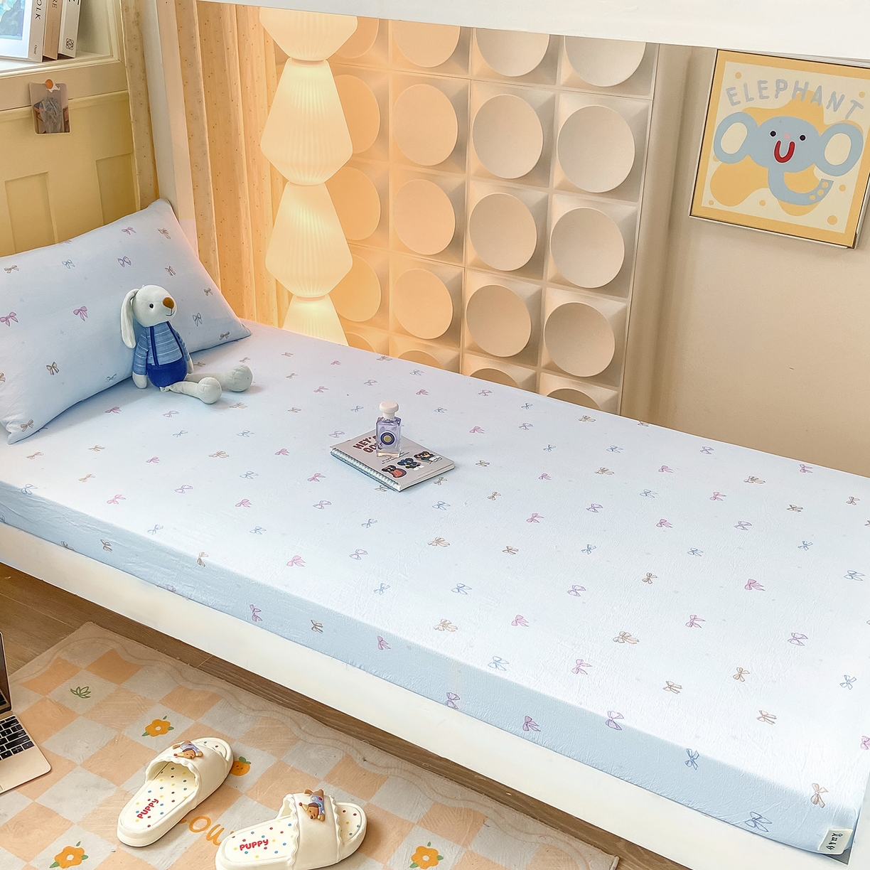 91家纺网 家纺一手货源 找家纺 眠势力 2025新款双层纱学生三件套宿舍上下铺套件ins奶油风云感四件套 蓝调蝴蝶结