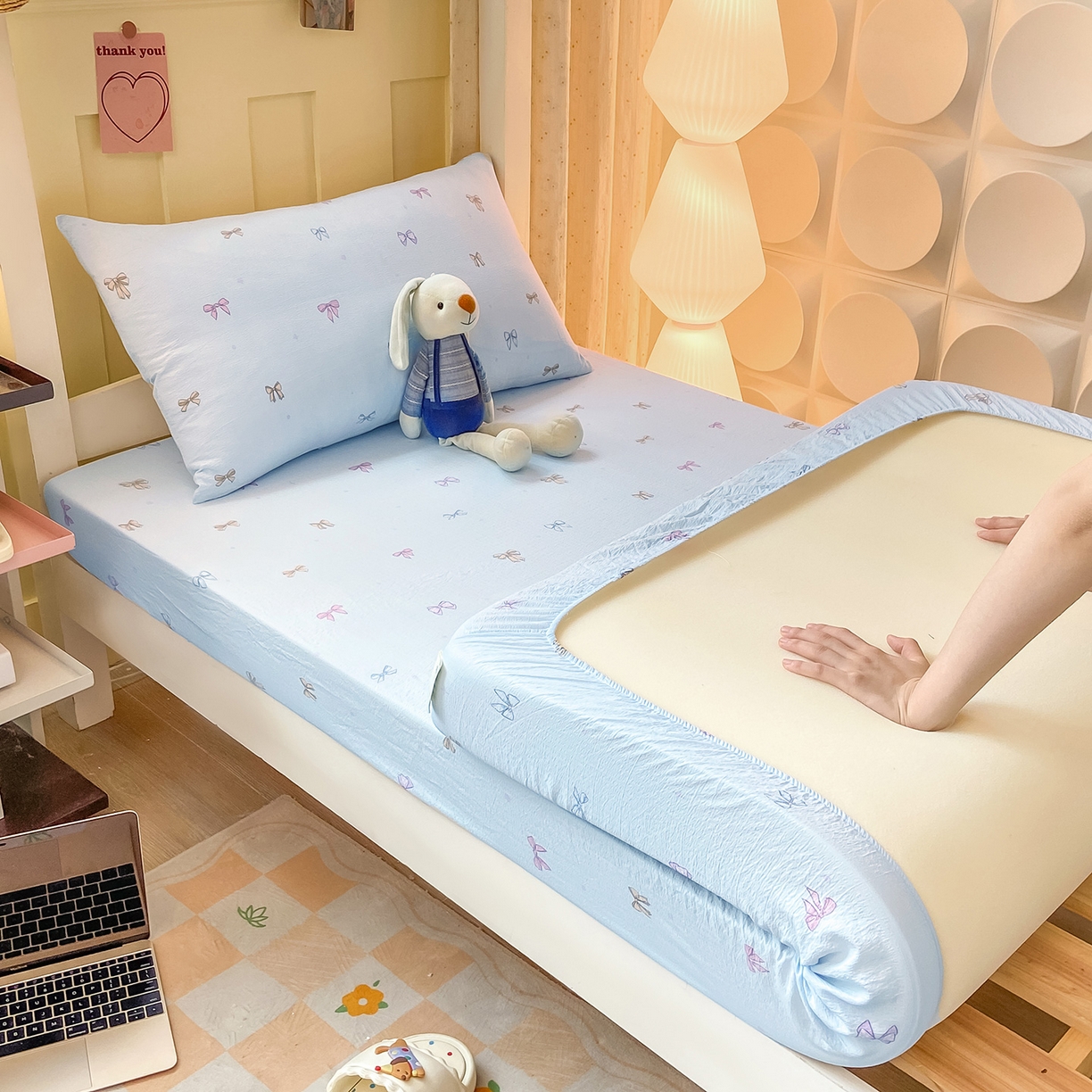 91家纺网 家纺一手货源 找家纺 眠势力 2025新款双层纱学生三件套宿舍上下铺套件ins奶油风云感四件套 蓝调蝴蝶结