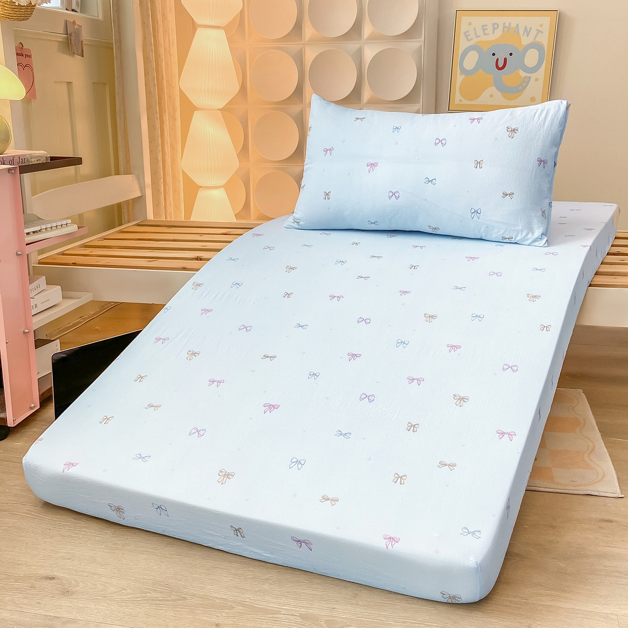 91家纺网 家纺一手货源 找家纺 眠势力 2025新款双层纱学生三件套宿舍上下铺套件ins奶油风云感四件套 蓝调蝴蝶结