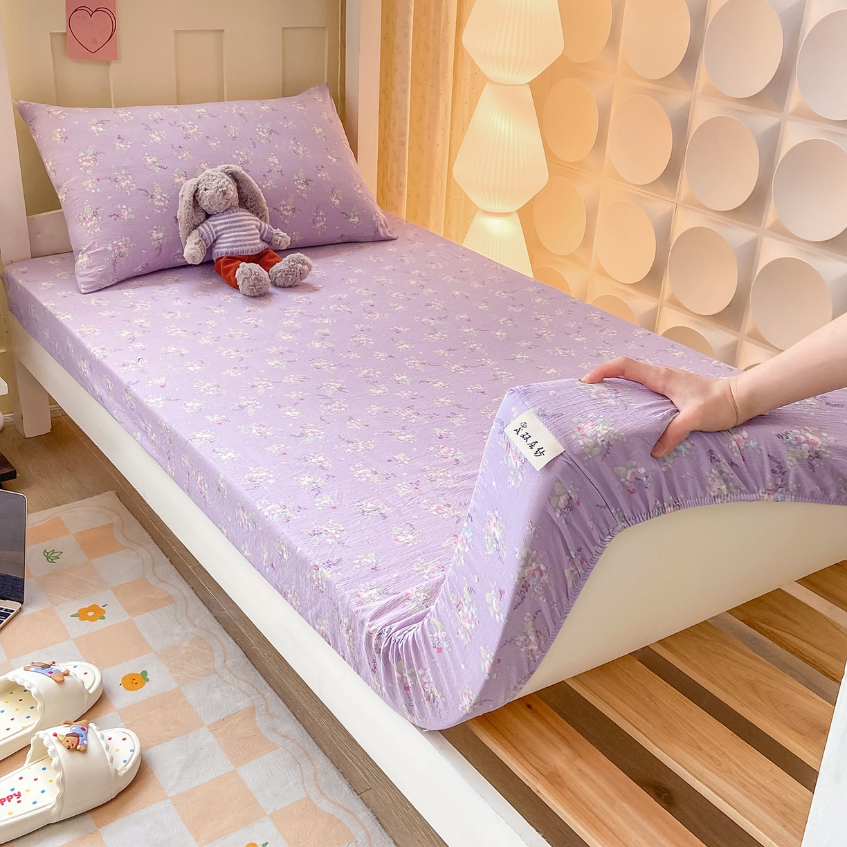 91家纺网 家纺一手货源 找家纺 眠势力 2025新款双层纱学生三件套宿舍上下铺套件ins奶油风云感四件套 紫色花海