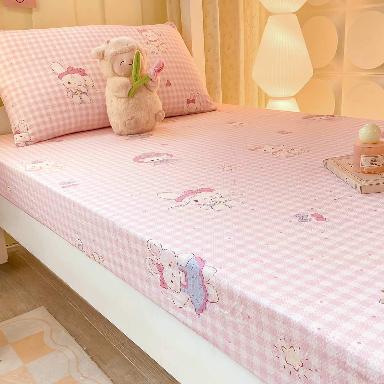 91家纺网 家纺一手货源 找家纺 眠势力 2025新款双层纱学生三件套宿舍上下铺套件ins奶油风云感四件套 乖乖兔