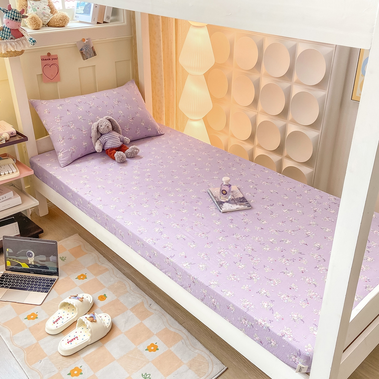 91家纺网 家纺一手货源 找家纺 眠势力 2025新款双层纱学生三件套宿舍上下铺套件ins奶油风云感四件套 紫色花海