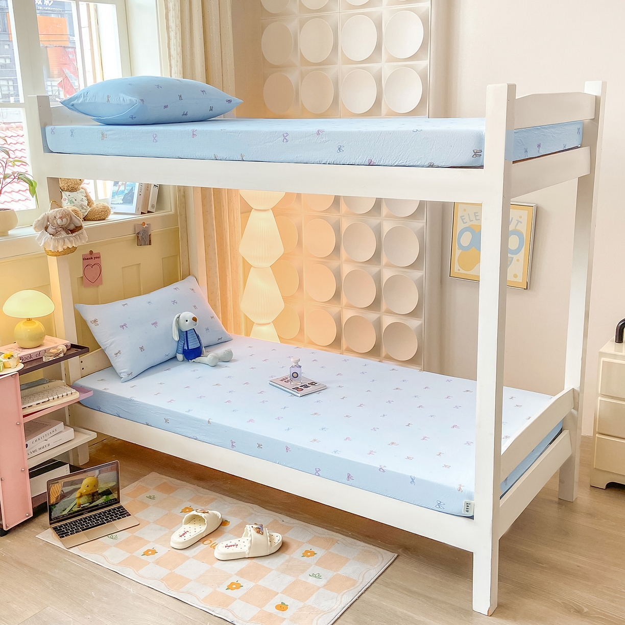 91家纺网 家纺一手货源 找家纺 眠势力 2025新款双层纱学生三件套宿舍上下铺套件ins奶油风云感四件套 蓝调蝴蝶结