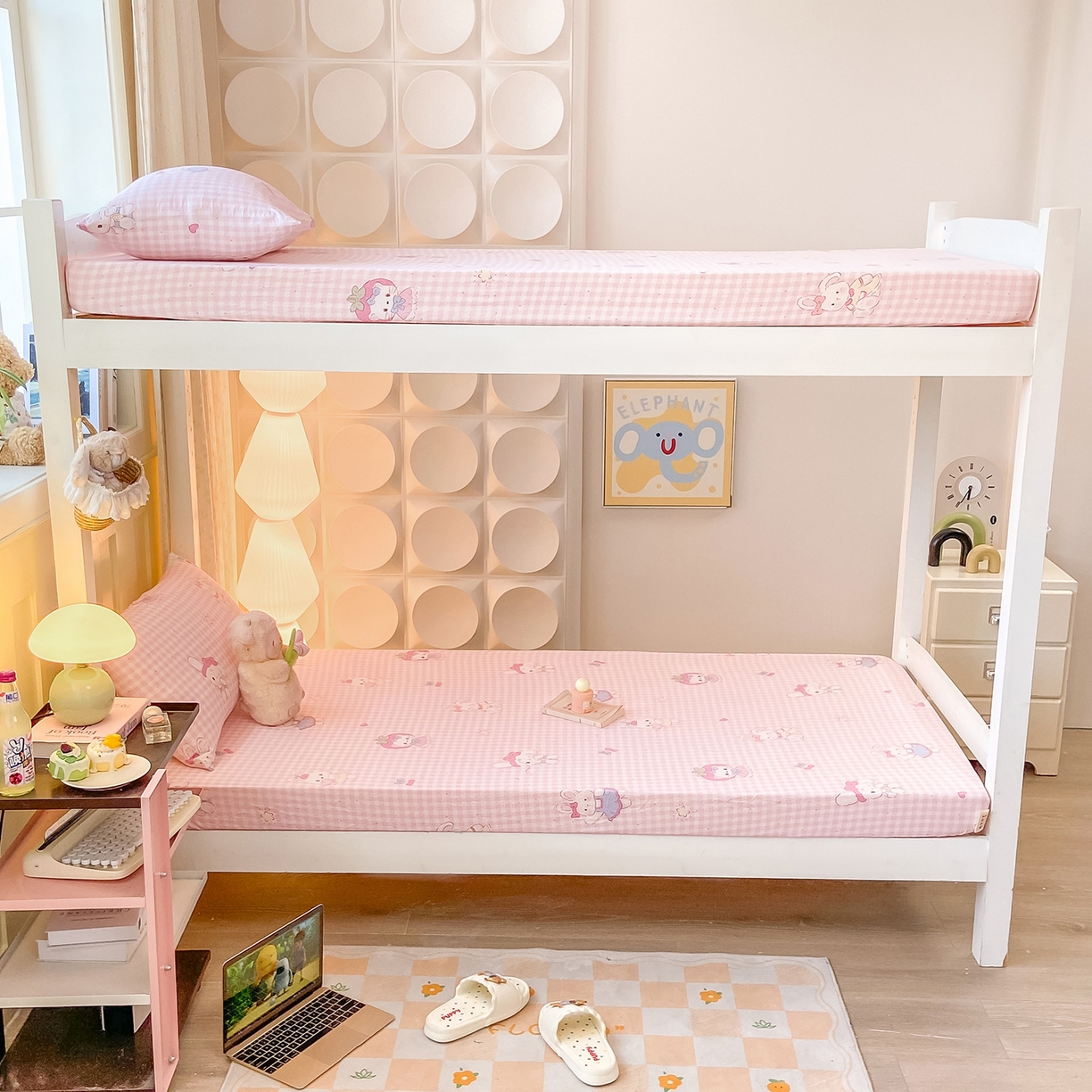 91家纺网 家纺一手货源 找家纺 眠势力 2025新款双层纱学生三件套宿舍上下铺套件ins奶油风云感四件套 乖乖兔