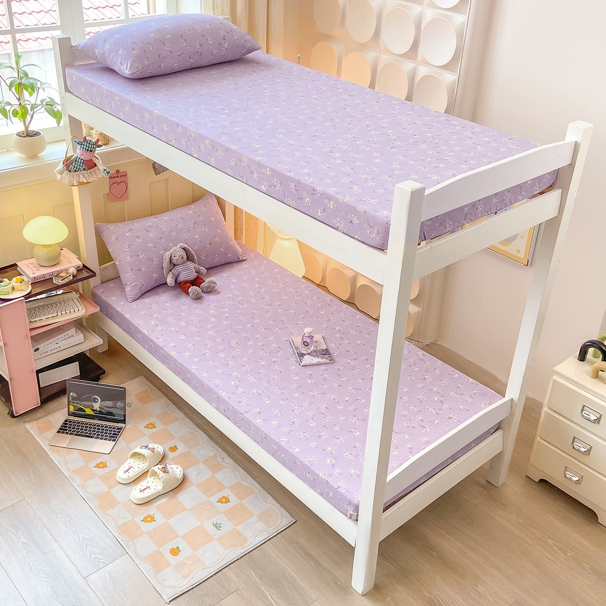 91家纺网 家纺一手货源 找家纺 眠势力 2025新款双层纱学生三件套宿舍上下铺套件ins奶油风云感四件套 紫色花海