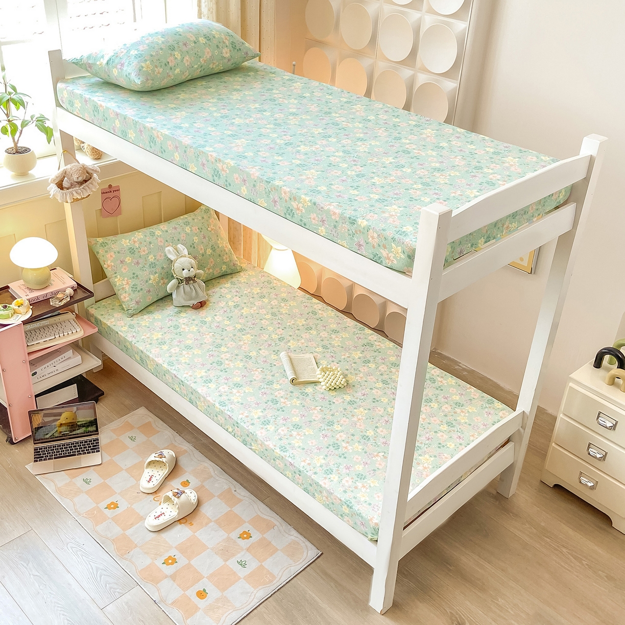 91家纺网 家纺一手货源 找家纺 眠势力 2025新款双层纱学生三件套宿舍上下铺套件ins奶油风云感四件套 花开盛夏