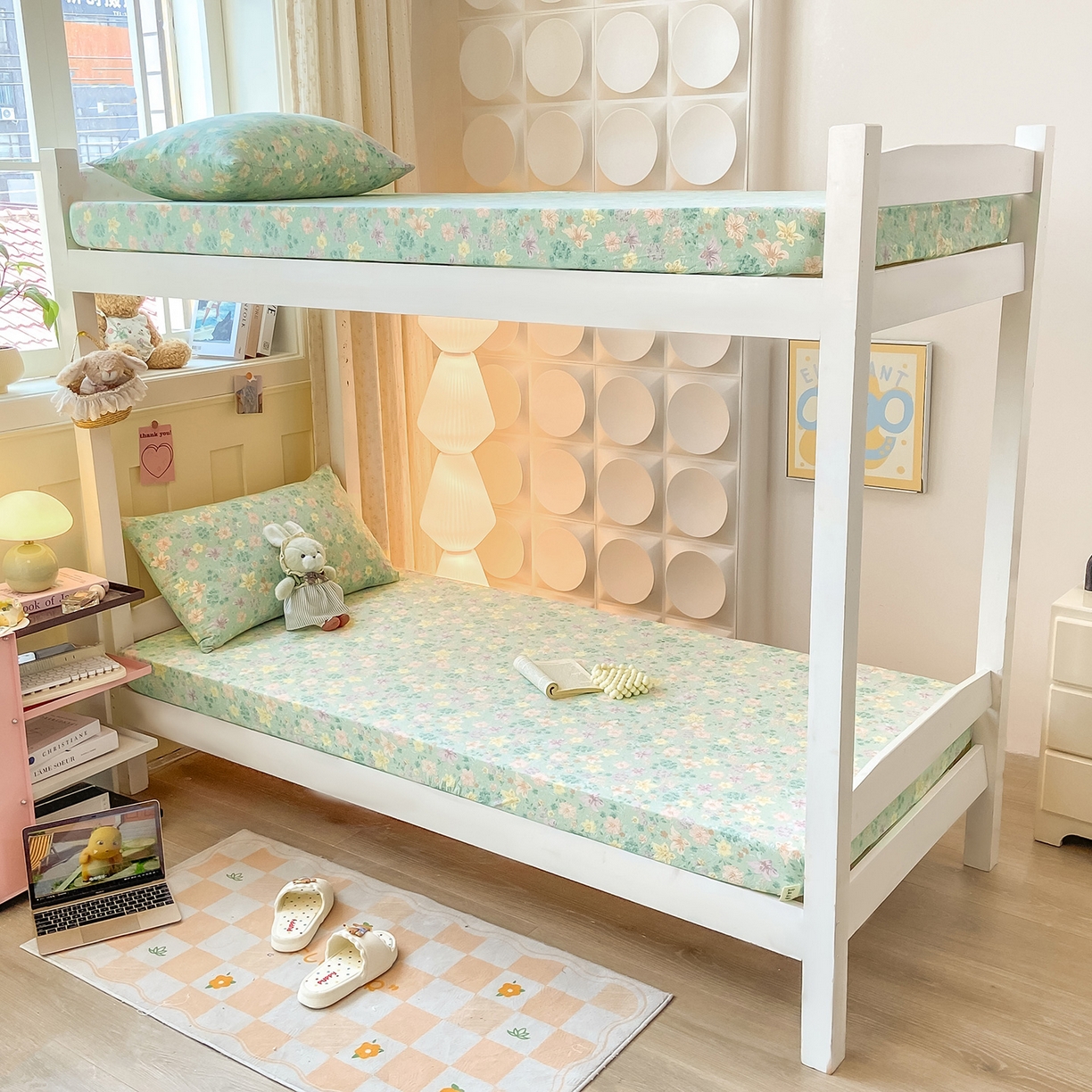 91家纺网 家纺一手货源 找家纺 眠势力 2025新款双层纱学生三件套宿舍上下铺套件ins奶油风云感四件套 花开盛夏