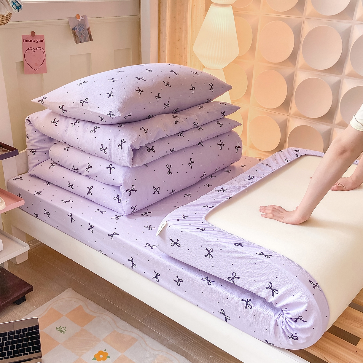 91家纺网 家纺一手货源 找家纺 眠势力 2025新款双层纱学生三件套宿舍上下铺套件ins奶油风云感四件套 紫韵蝴蝶结