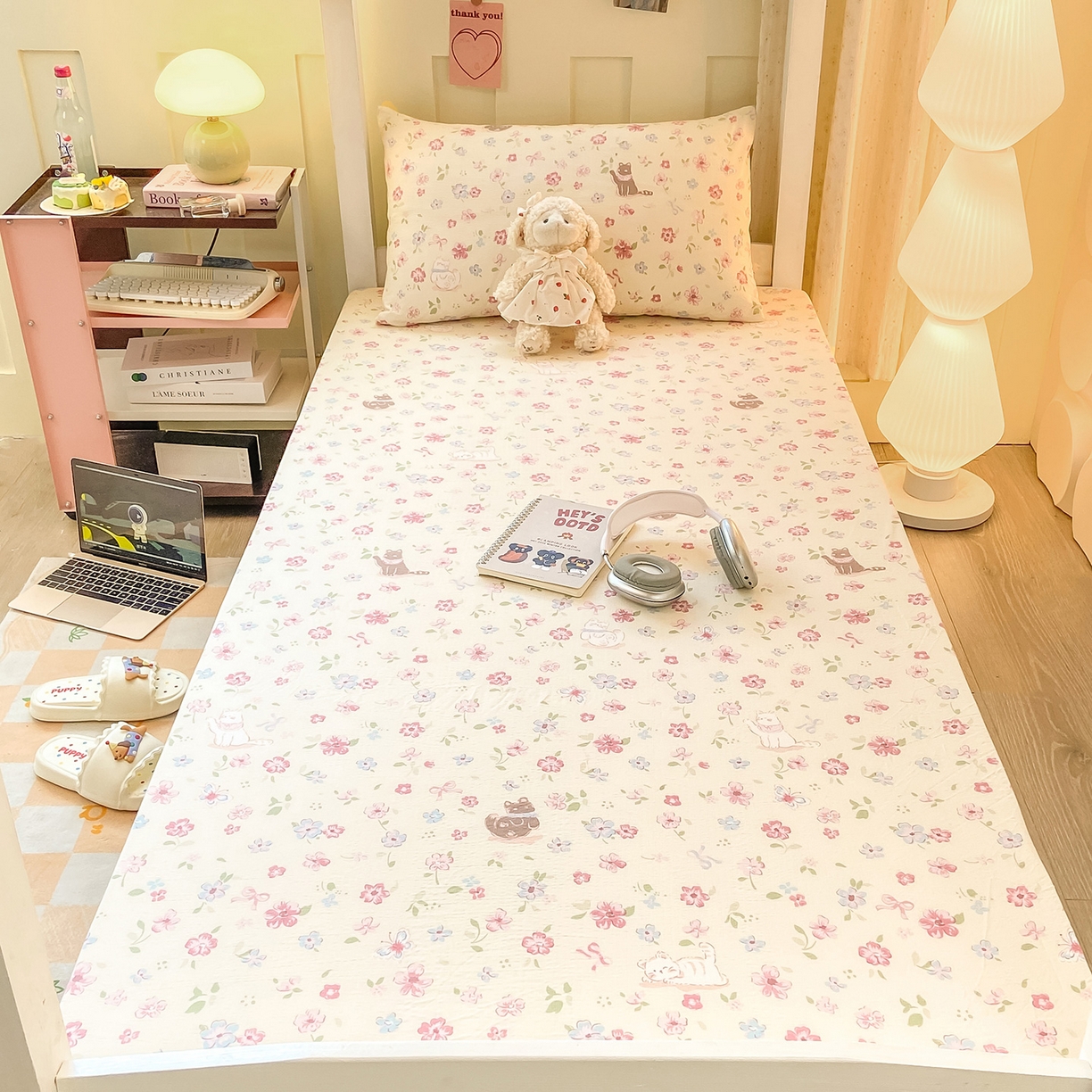 91家纺网 家纺一手货源 找家纺 眠势力 2025新款双层纱学生三件套宿舍上下铺套件ins奶油风云感四件套 花丛猫咪