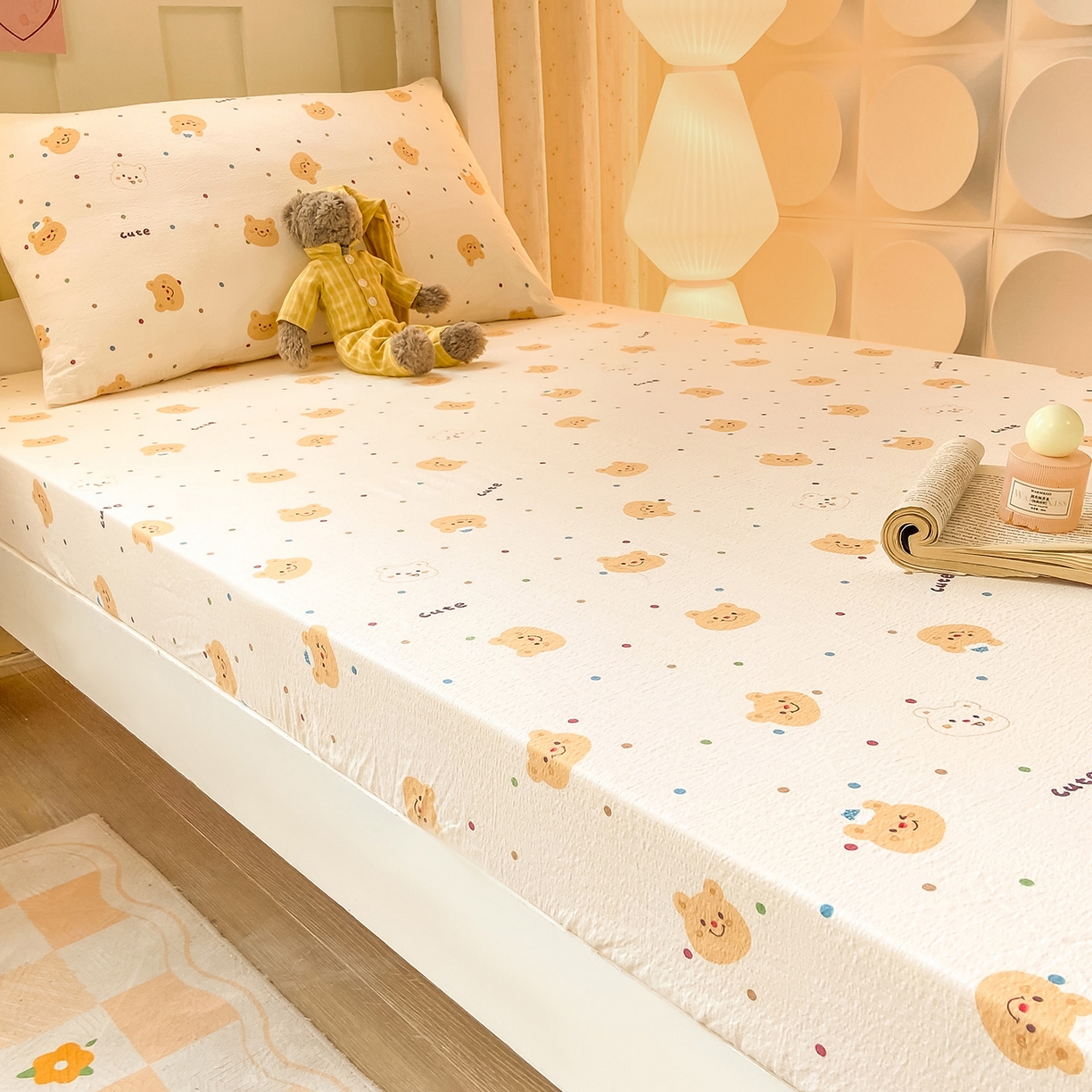 91家纺网 家纺一手货源 找家纺 眠势力 2025新款双层纱学生三件套宿舍上下铺套件ins奶油风云感四件套 波点小熊