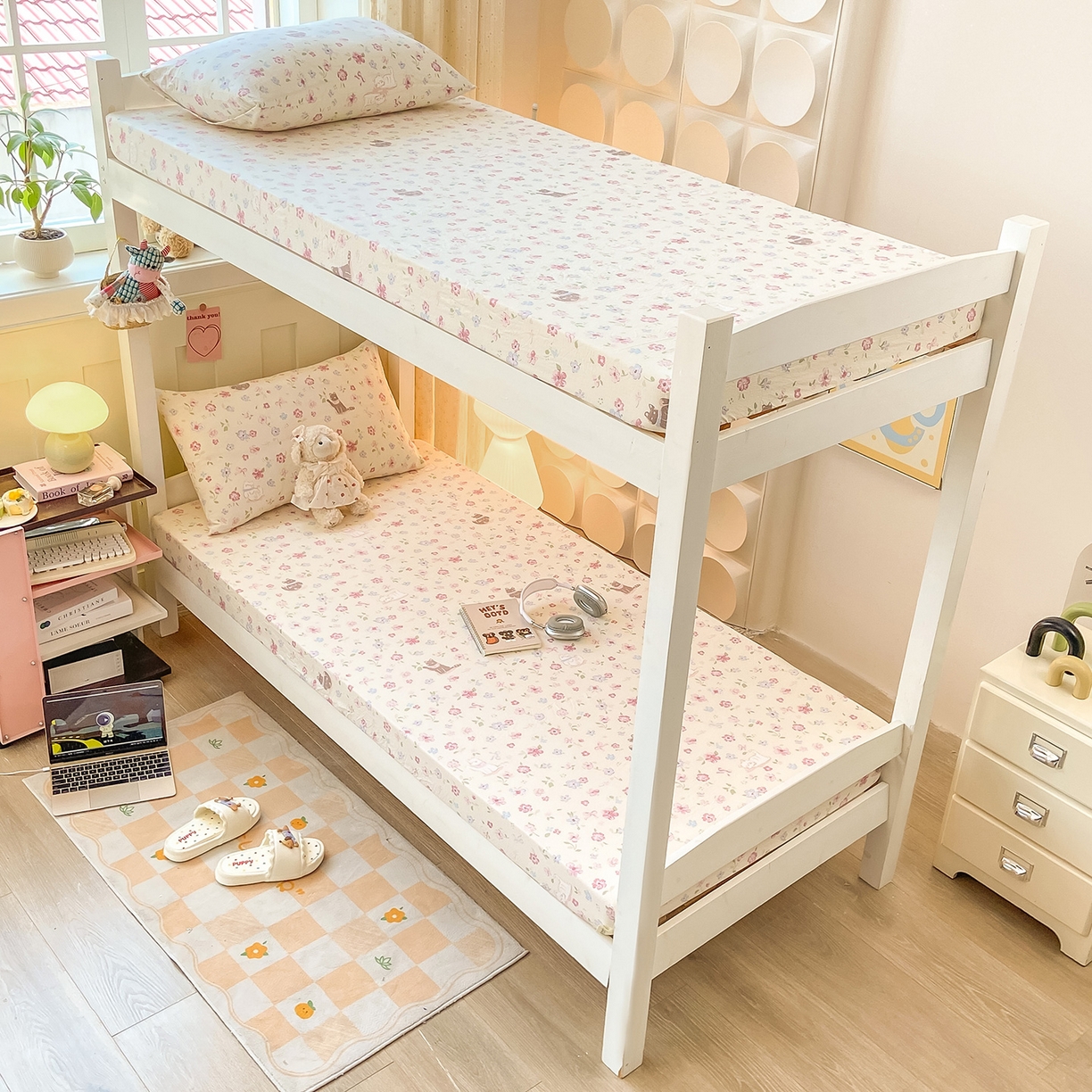 91家纺网 家纺一手货源 找家纺 眠势力 2025新款双层纱学生三件套宿舍上下铺套件ins奶油风云感四件套 花丛猫咪