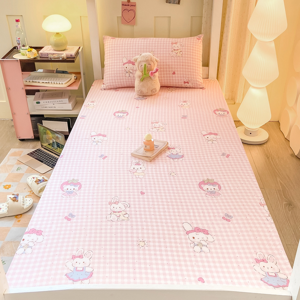 91家纺网 家纺一手货源 找家纺 眠势力 2025新款双层纱学生三件套宿舍上下铺套件ins奶油风云感四件套 乖乖兔