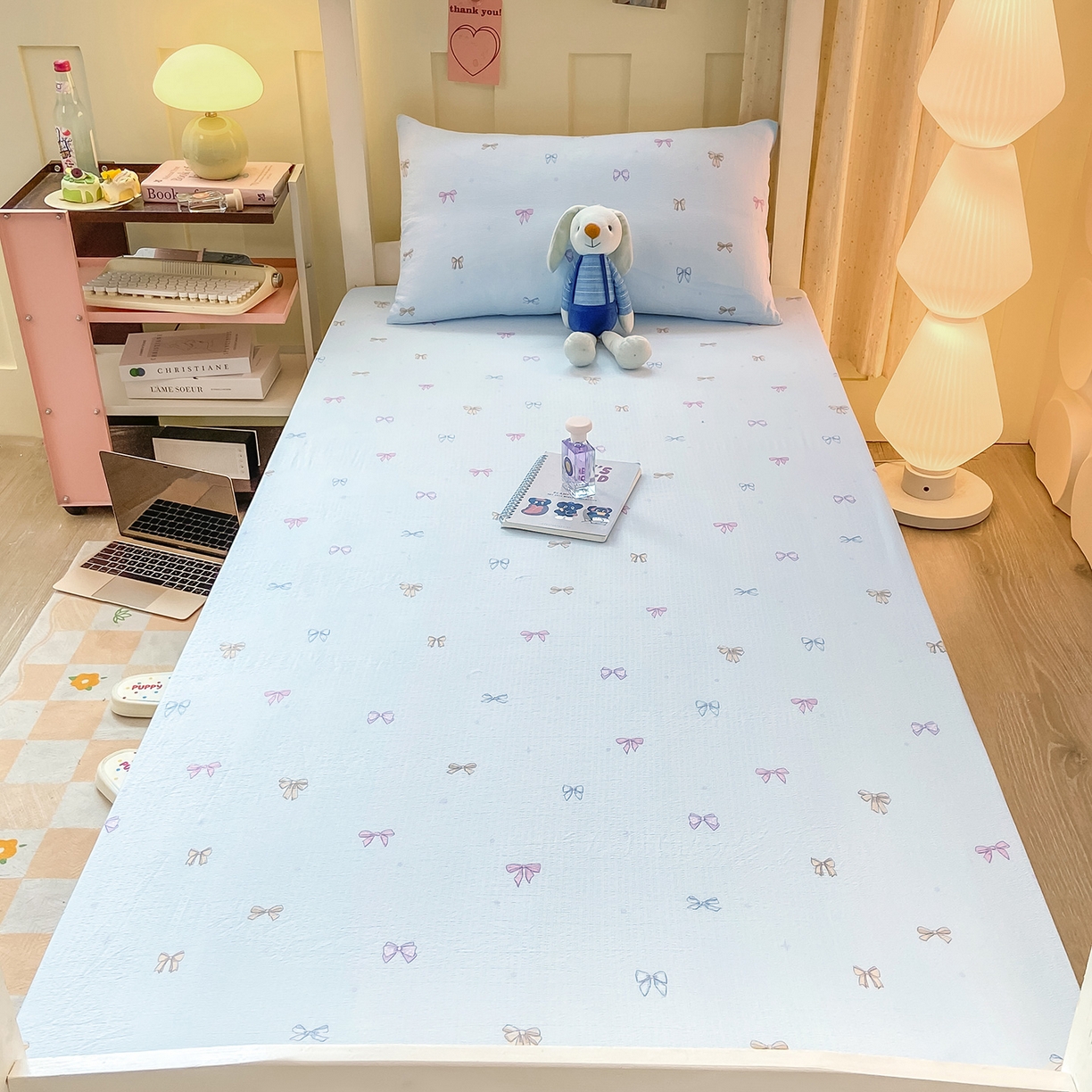 91家纺网 家纺一手货源 找家纺 眠势力 2025新款双层纱学生三件套宿舍上下铺套件ins奶油风云感四件套 蓝调蝴蝶结