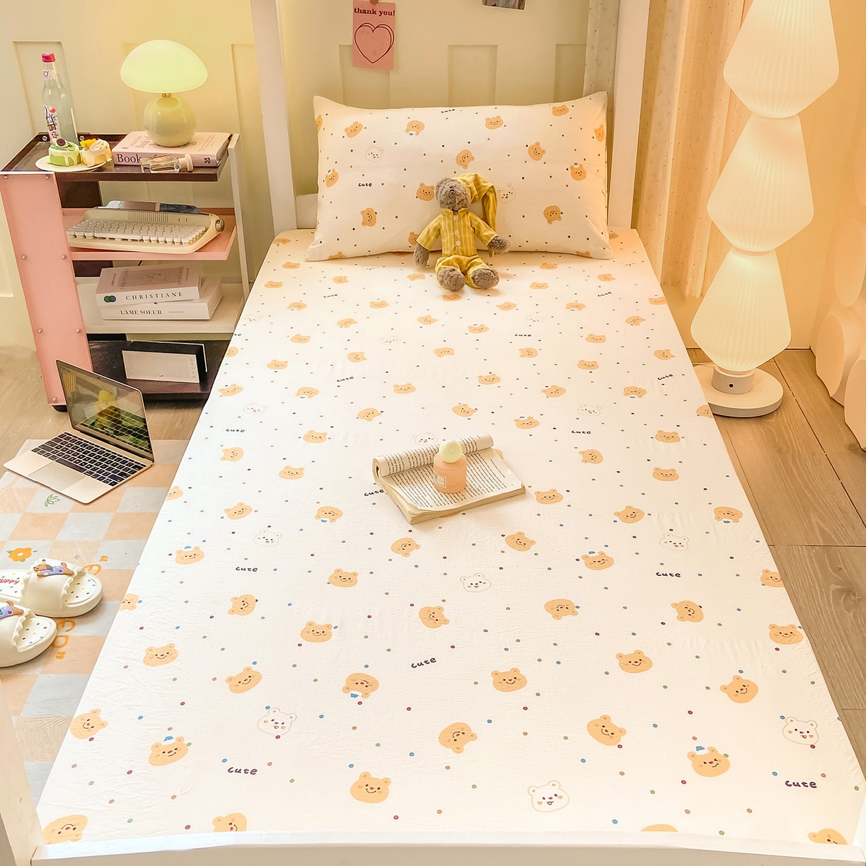 91家纺网 家纺一手货源 找家纺 眠势力 2025新款双层纱学生三件套宿舍上下铺套件ins奶油风云感四件套 波点小熊