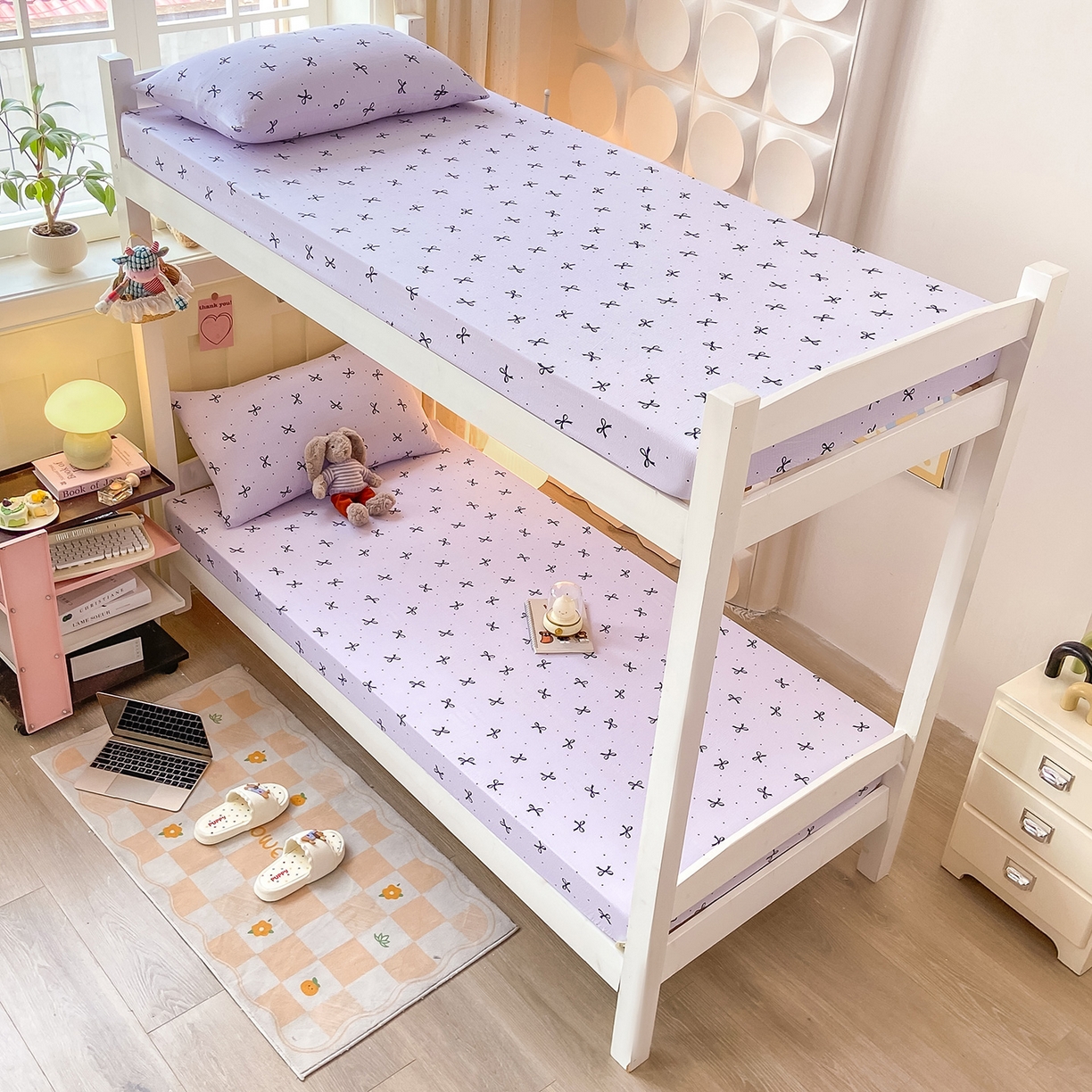 91家纺网 家纺一手货源 找家纺 眠势力 2025新款双层纱学生三件套宿舍上下铺套件ins奶油风云感四件套 紫韵蝴蝶结