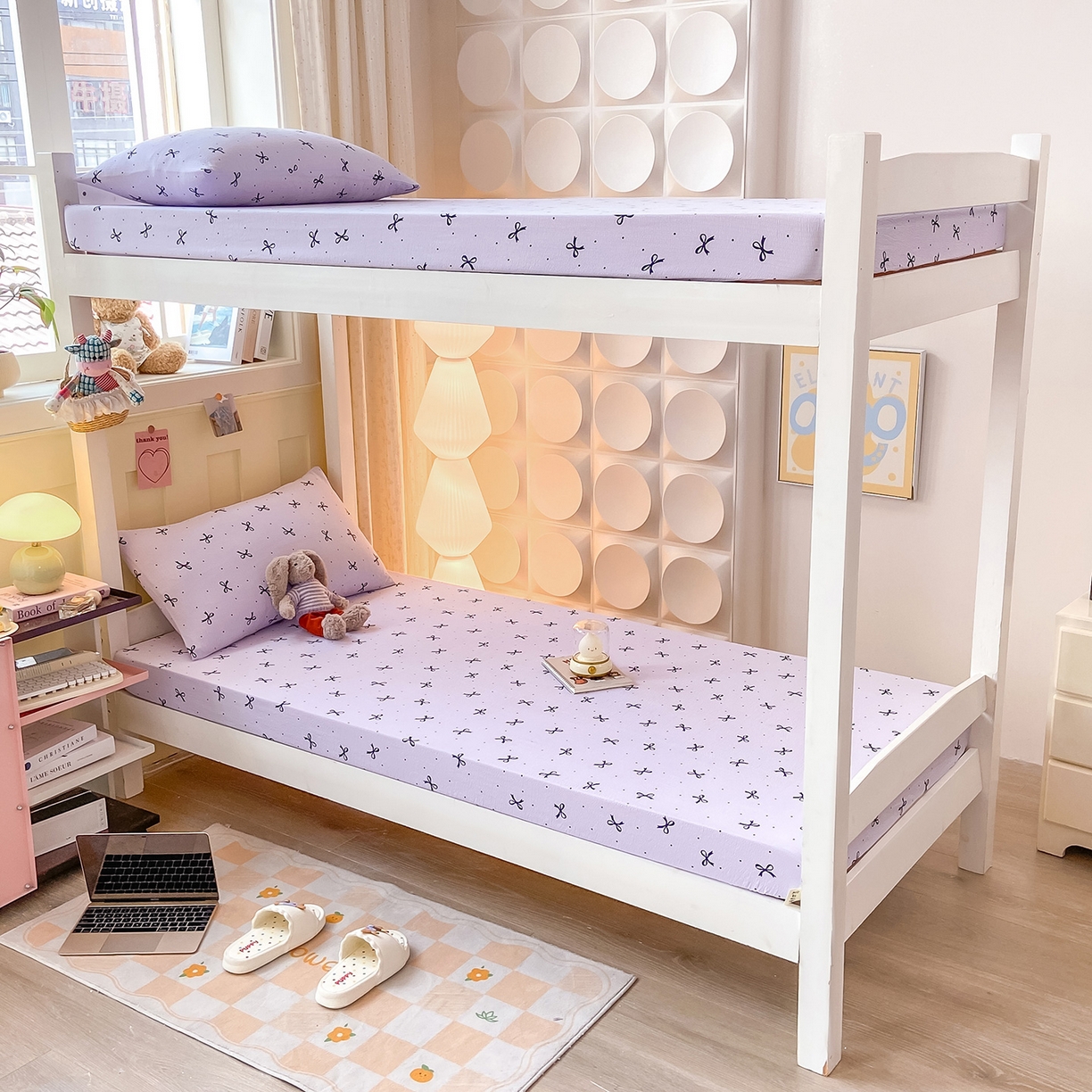 91家纺网 家纺一手货源 找家纺 眠势力 2025新款双层纱学生三件套宿舍上下铺套件ins奶油风云感四件套 紫韵蝴蝶结