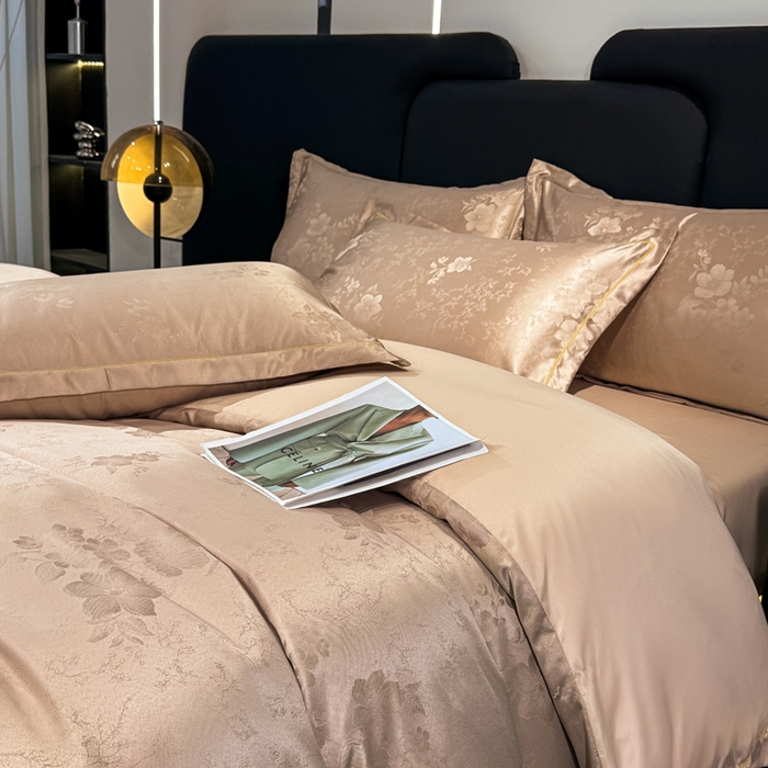 91家纺网 家纺一手货源 找家纺 世爵 2025新款水洗天丝提花锦缎四件套 素茶咖