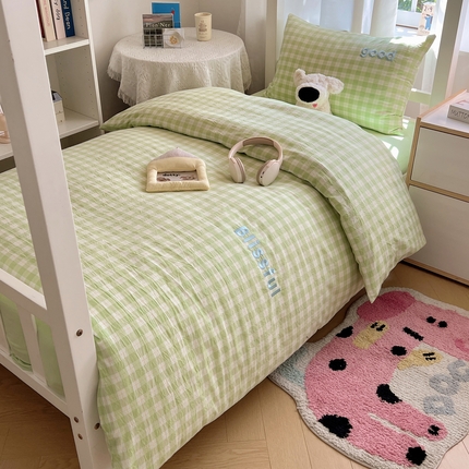 丽涵家纺 2025新款色织水洗棉刺绣学生三件套 尚格-绿