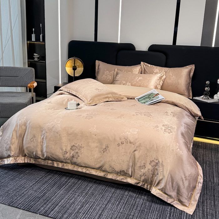 91家纺网 家纺一手货源 找家纺 世爵 2025新款水洗天丝提花锦缎四件套 素茶咖