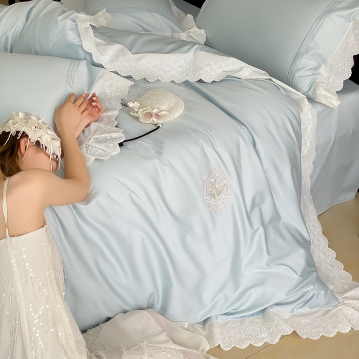 91家纺网 家纺一手货源 找家纺 云栖家居 2025全棉长绒棉50支法式蕾丝四件套-郁见美好 郁见美好-蓝