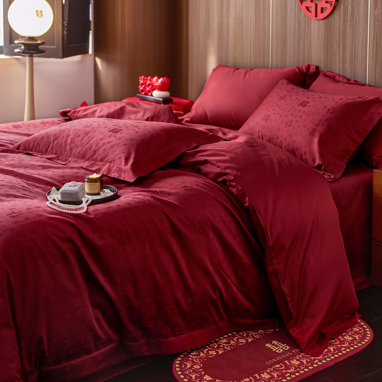 91家纺网 家纺一手货源 找家纺 轩和家居 2025新款50S长绒棉贡缎提花婚庆四件套（优惠劵之后不低于298） 喜福