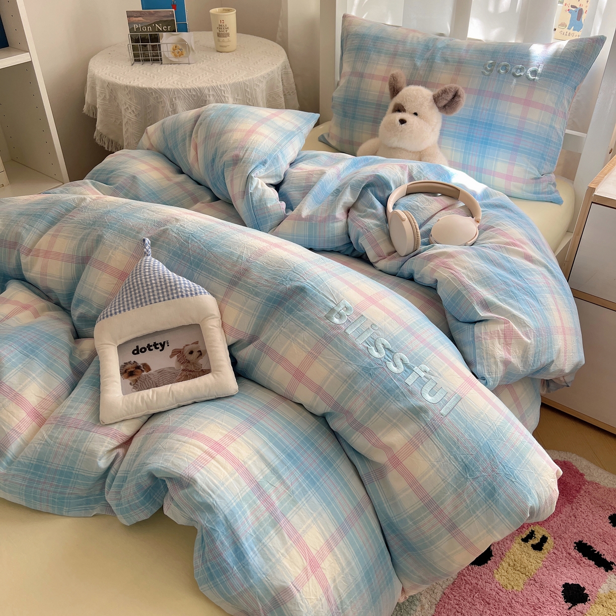 91家纺网 家纺一手货源 找家纺 丽涵家纺 2025新款色织水洗棉刺绣学生三件套 梦想-兰