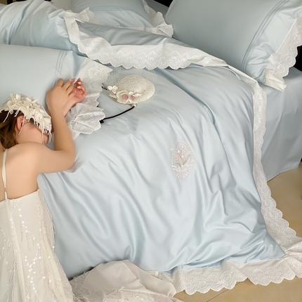 91家纺网 家纺一手货源 找家纺 云栖家居 2025全棉长绒棉50支法式蕾丝四件套-郁见美好 郁见美好-蓝