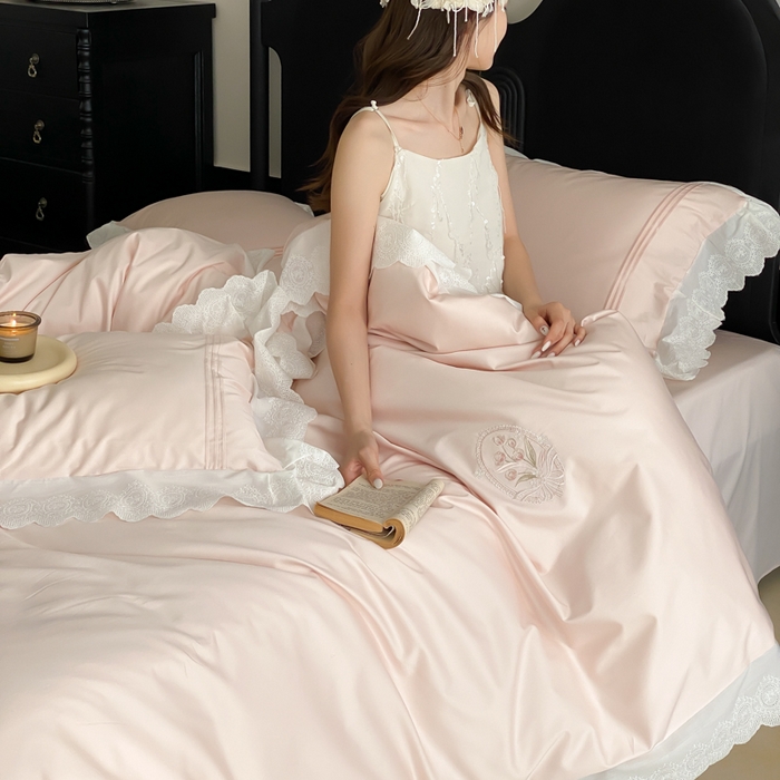 91家纺网 家纺一手货源 找家纺 云栖家居 2025全棉长绒棉50支法式蕾丝四件套-郁见美好 郁见美好-粉