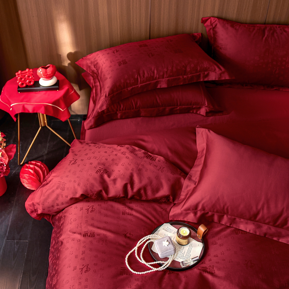 91家纺网 家纺一手货源 找家纺 轩和家居 2025新款50S长绒棉贡缎提花婚庆四件套（优惠劵之后不低于298） 喜福