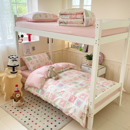 吉象家纺 2025新款12868高支密全棉印花学生季三件套 粉色猫咪