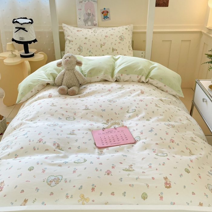 91家纺网 家纺一手货源 找家纺 吉象家纺 2025新款12868高支密全棉印花学生季三件套 蘑菇小兔