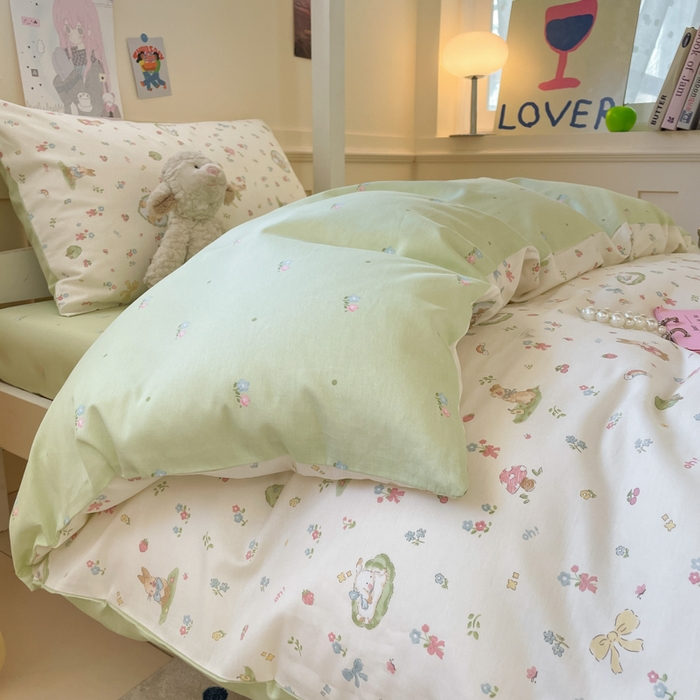 91家纺网 家纺一手货源 找家纺 吉象家纺 2025新款12868高支密全棉印花学生季三件套 蘑菇小兔