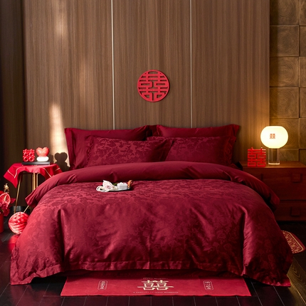 轩和家居 2025新款50S长绒棉贡缎提花婚庆四件套（优惠劵之后不低于298） 玫羽