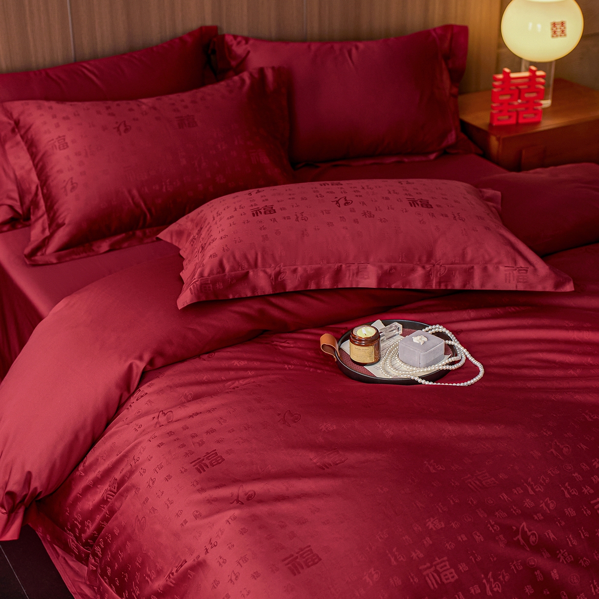 91家纺网 家纺一手货源 找家纺 轩和家居 2025新款50S长绒棉贡缎提花婚庆四件套（优惠劵之后不低于298） 喜福