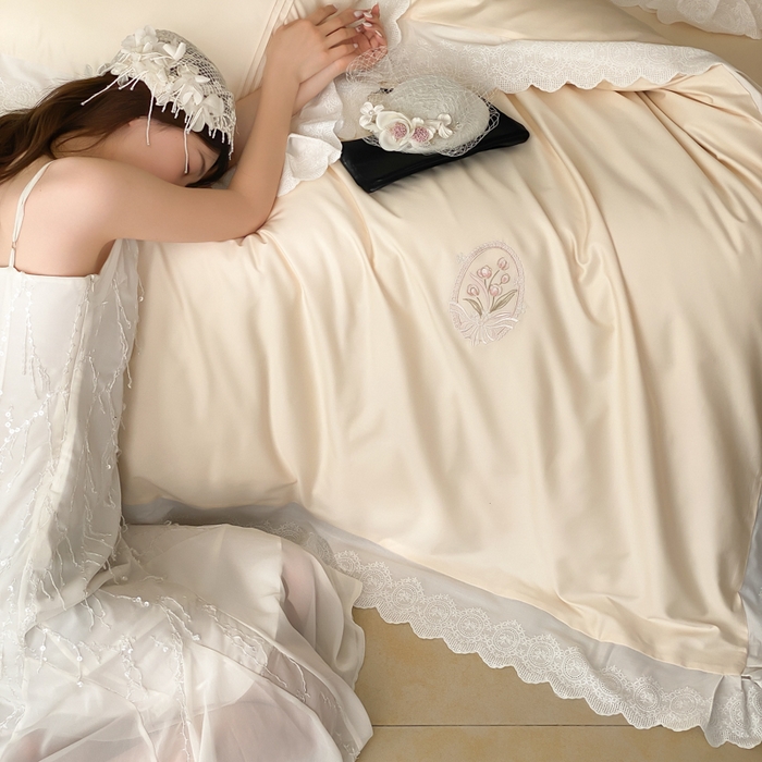 91家纺网 家纺一手货源 找家纺 云栖家居 2025全棉长绒棉50支法式蕾丝四件套-郁见美好 郁见美好-香槟