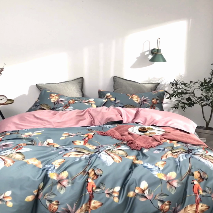 91家纺网 家纺一手货源 找家纺 优然居家纺 2025新款60支数码印花麻绳款四件套 鸟语花香