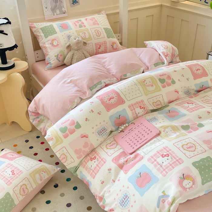 91家纺网 家纺一手货源 找家纺 吉象家纺 2025新款12868高支密全棉印花学生季三件套 粉色猫咪