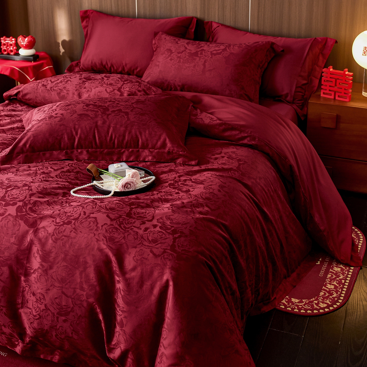91家纺网 家纺一手货源 找家纺 轩和家居 2025新款50S长绒棉贡缎提花婚庆四件套（优惠劵之后不低于298） 吾家有喜