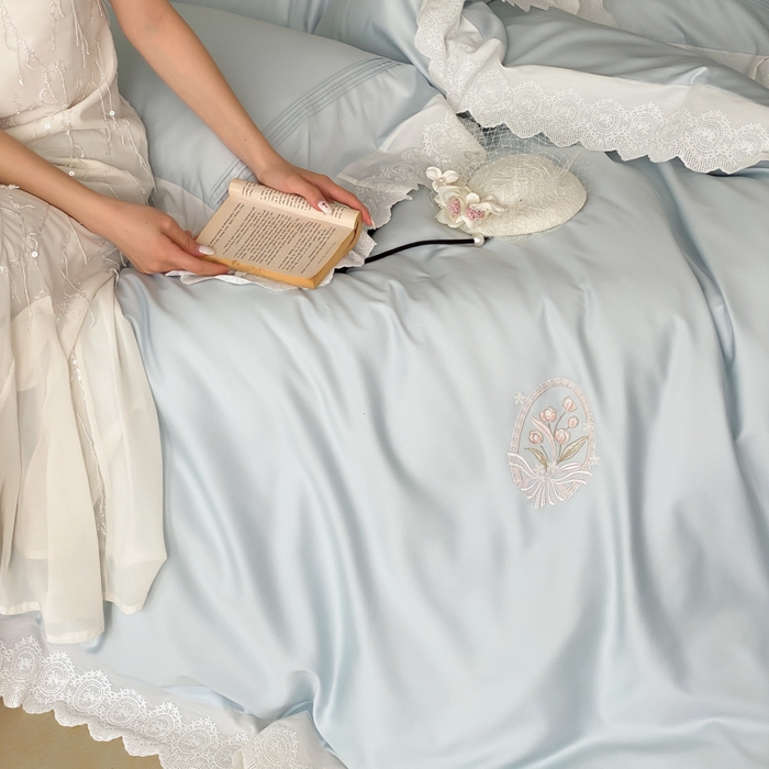 91家纺网 家纺一手货源 找家纺 云栖家居 2025全棉长绒棉50支法式蕾丝四件套-郁见美好 郁见美好-蓝